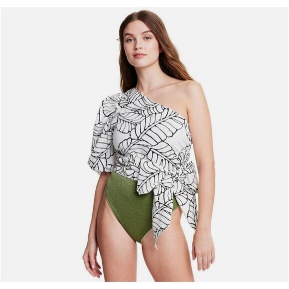 Fe Noel Women's Sketch Palm Leaf Print Wrap Tie One Shoulder Top Black White 6 - Picture 1 of 5